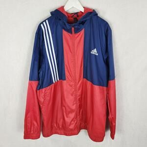 Adidas Windbreaker Men XL Axis Three Stripe Jacket w/ Hood Red Blue ft2718